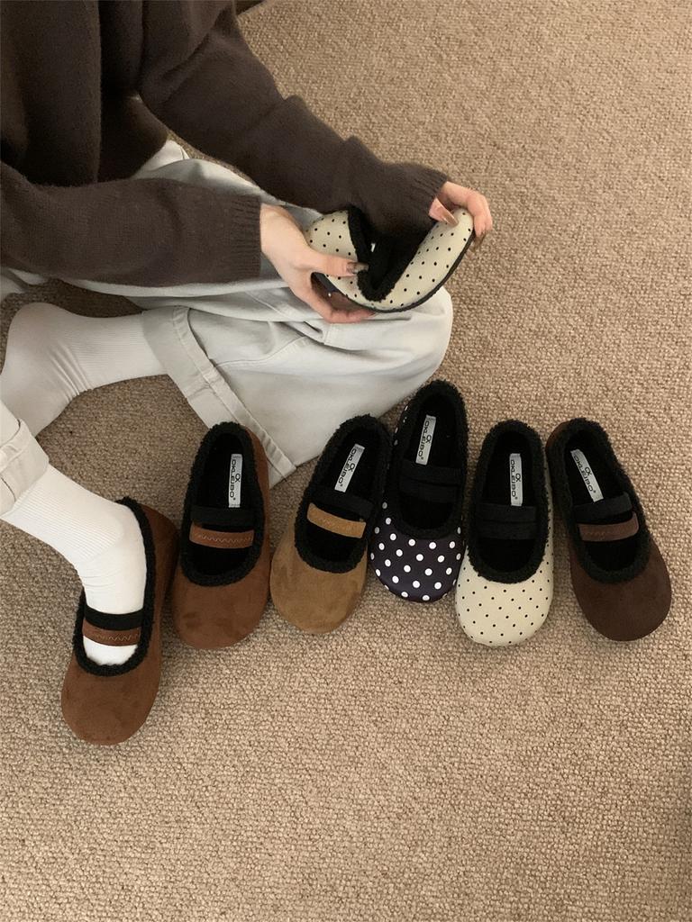 Flat-bottomed Velvet Birkenstocks Single Shoes Women's Autumn and Winter Outer Wear Retro Word Belt Mary Jane Love Fluffy Shoes Cotton Shoes