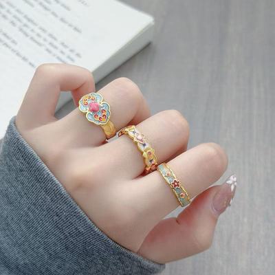 National Style Enamel Ruyi Flower Opening Adjustable Ring Women'S Fashion Light Luxury Court Style Ring