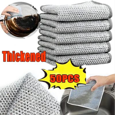 10pcs Magic Dishcloth Silver Wire Cleaning Kitchen Cloth Thickened Microfiber Wash Towel Built-in Sponge Steel Wire Ball Rag