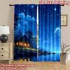 2D flat printing 2pcs Party Curtains Cabin Lake Night Stars Digital Printed Polyester Drapes Seasonal Party & Holiday Decor Use