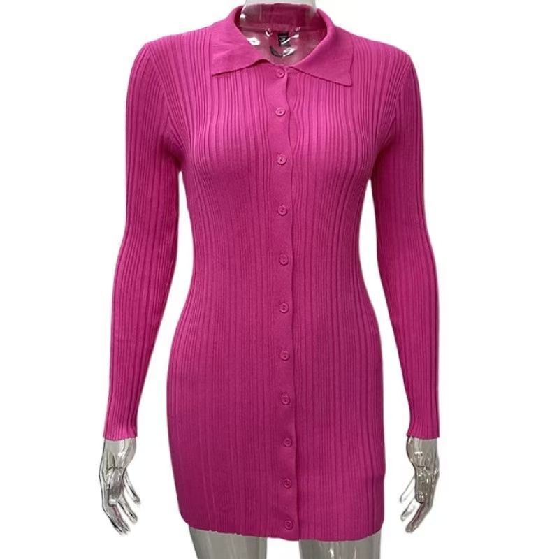 

Fashion New Arrival Sheath Cardigan Button Long Sleeves Knitting Dress Cardigan Button Knit Dress Rose Red L