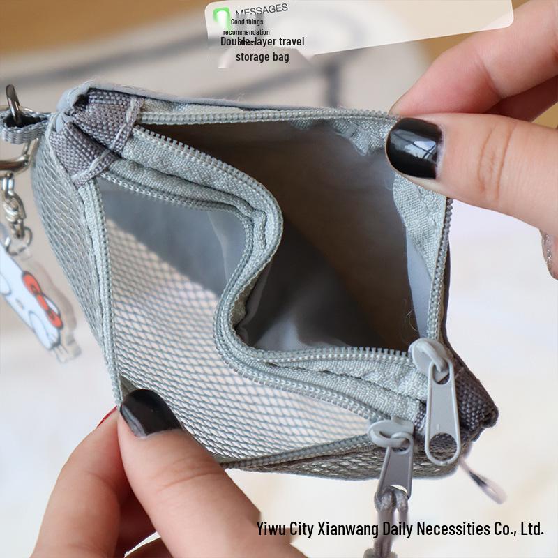 Korean Style Double-Layer Recycled Polyester Mesh Zipper Pouch for Lipstick, Coins, and Sundries