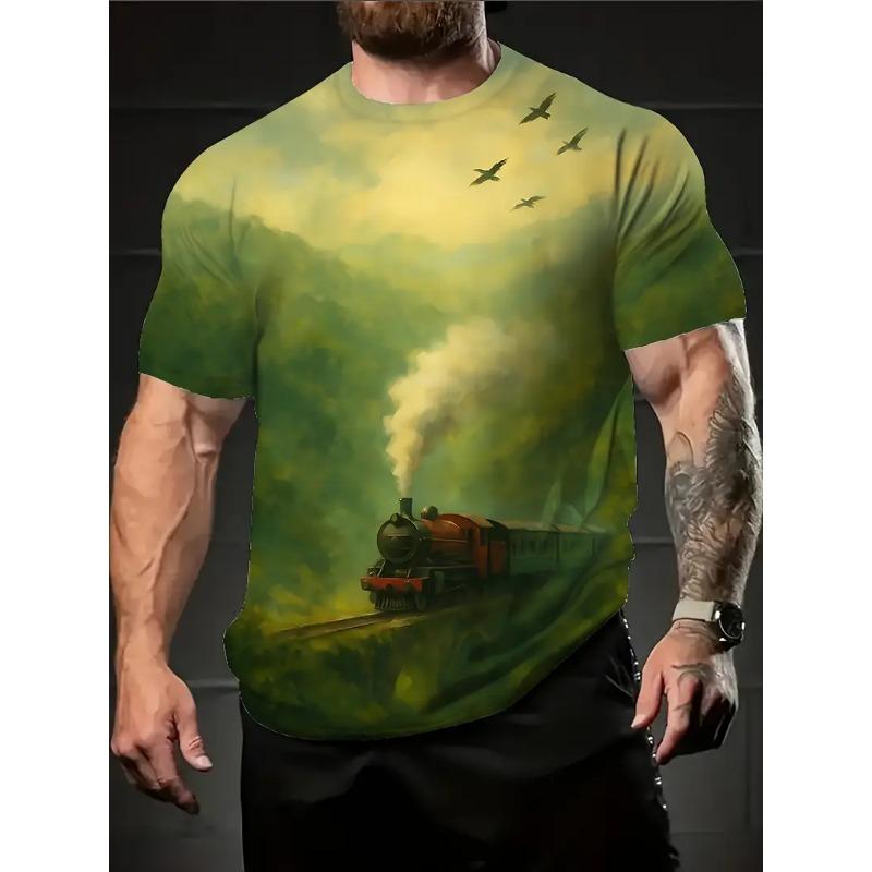 

Большая мужская футболка с 3D-принтом с рисунком поезда, мужская футболка с коротким рукавом и круглым вырезом, летняя модная футболка, повседневный удобный универсальный топ 6XL