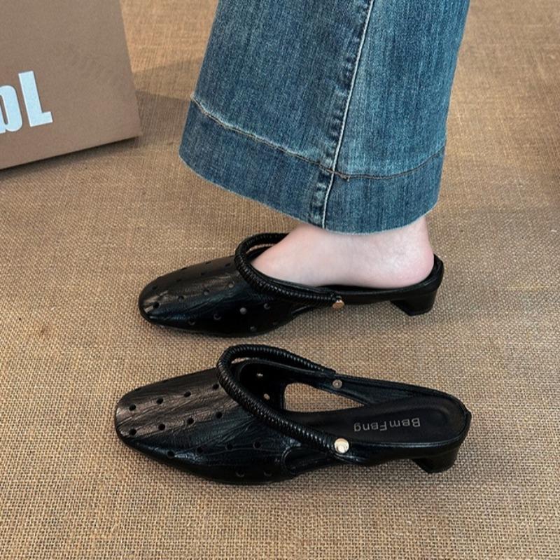 

Модные Элегантные Ретро Полые Дышащие Сандалии Квадратный Носок Повседневные для Женщин 2025 Лето Новая Мода Удобные Универсальные Полушлепанцы 35 чёрный