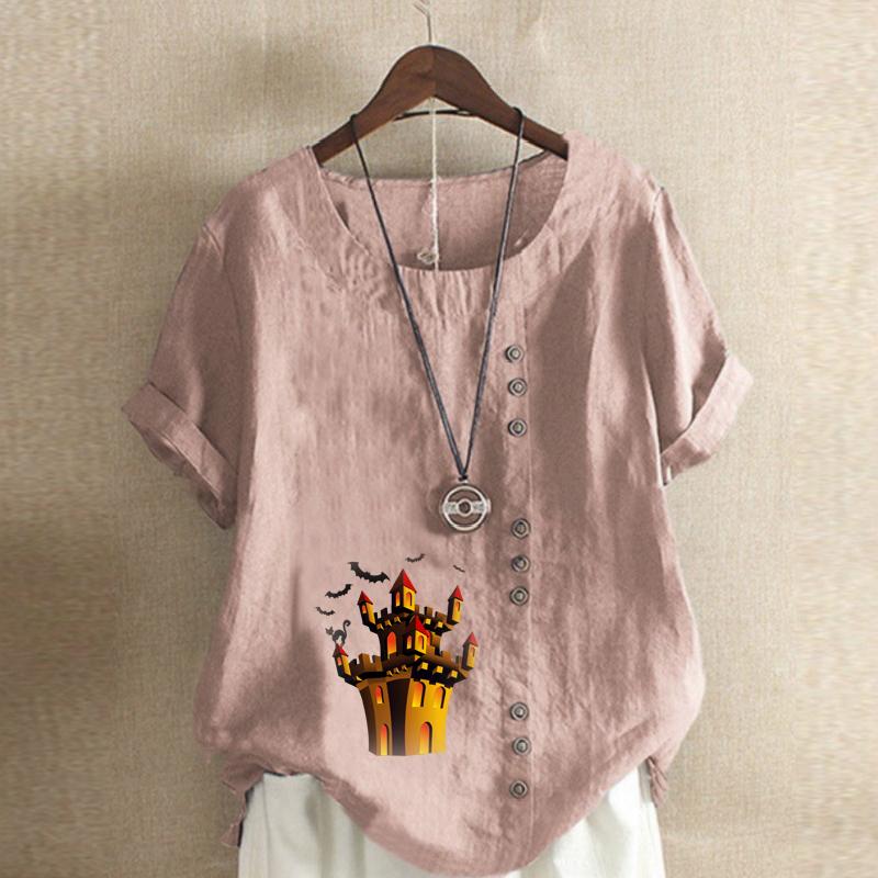 Women's Fashion Haunted House Prined Round Neck Short Sleeve T-shirt Casual Cotton Linen Graphic Shirt Leisure Loose Summer Blouse Tops