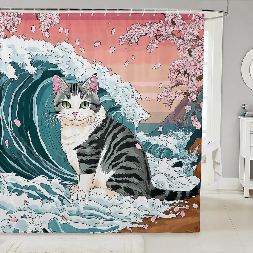 Cat Shower Curtain Japanese Style Bathroom Shower Curtain Sets for Kids Boys Girls Teens,Ocean Wave Fabric Shower Curtain