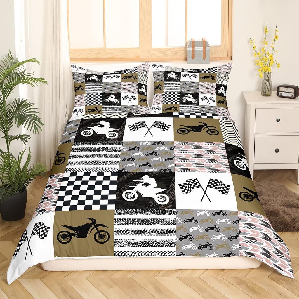 Motorcycle Duvet Cover Set for Boys Men Queen King Size Lightweight Down Room Decor 2 Pillowcases and 1 Duvet Cover No Comforter
