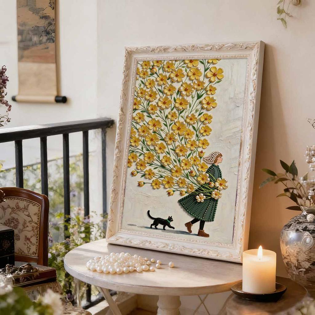 Kit de Pintura DIY 5D Sin Marco Patrón de Niña y Gato con Perlas Adecuado para Decoración de Paredes de Sala de Estar, Dormitorio y Otros Espacios Artísticos