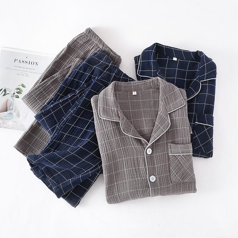 Unprinted quality pajamas short-sleeved men's double-layer crepe yarn pure cotton summer thin plaid suit loungewear