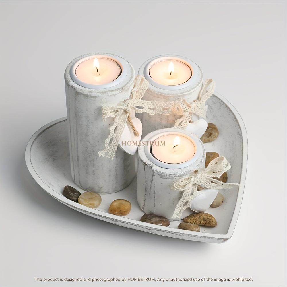 4pcs White Wooden Candlestick Set, Tea Lamp Candlestick Set, Jute Rope Bow Decoration and Decorative Stones, Heart Tray Decorative Bowl, Jewelry Tray