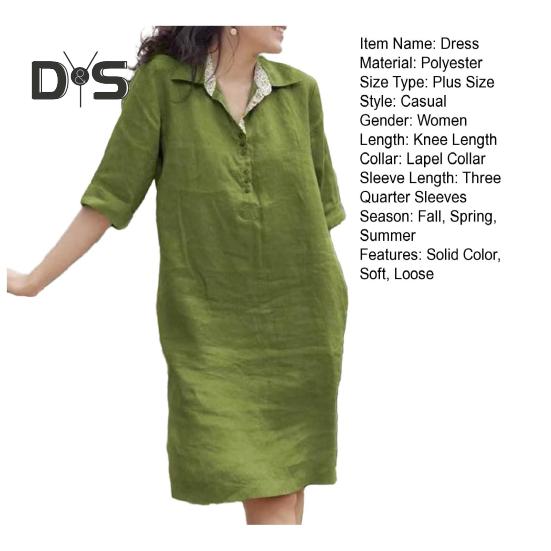 Women Dress Loose Three Quarter Sleeves Solid Color Lapel Knee Length Soft A Line Casual Spring Summer Midi Dress