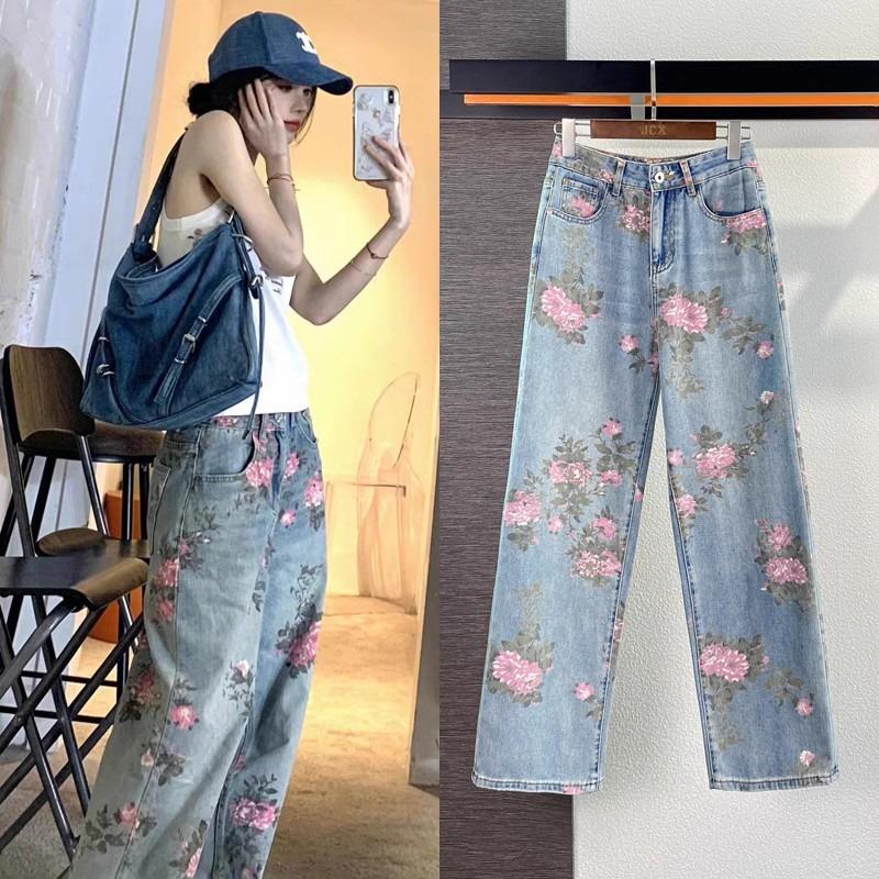 JYL Women's Straight Jeans  Summer Korean Loose Mid-Waist Casual Denim