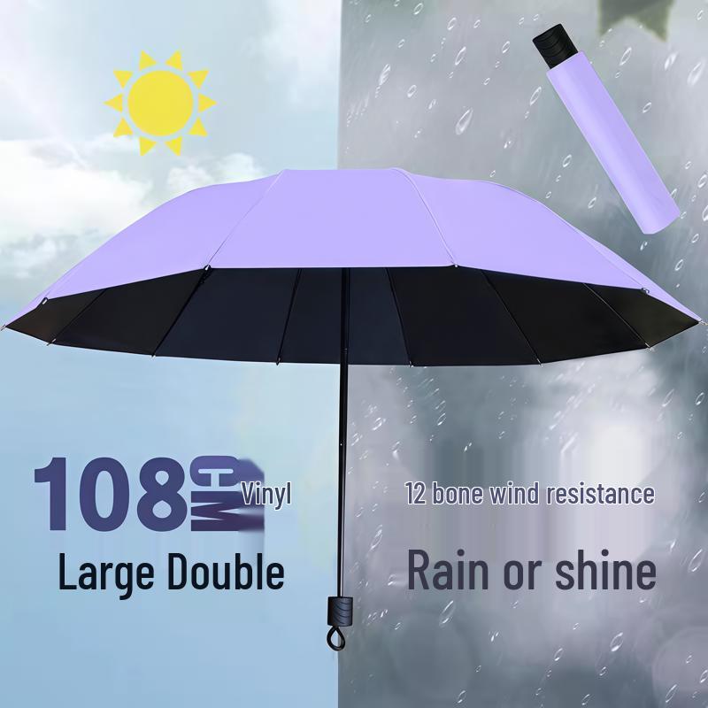 Large Dual-Use Umbrella for Sun and Rain, Manual Folding, Reinforced for Two, Black Glue Sunscreen, Suitable for Men and Women