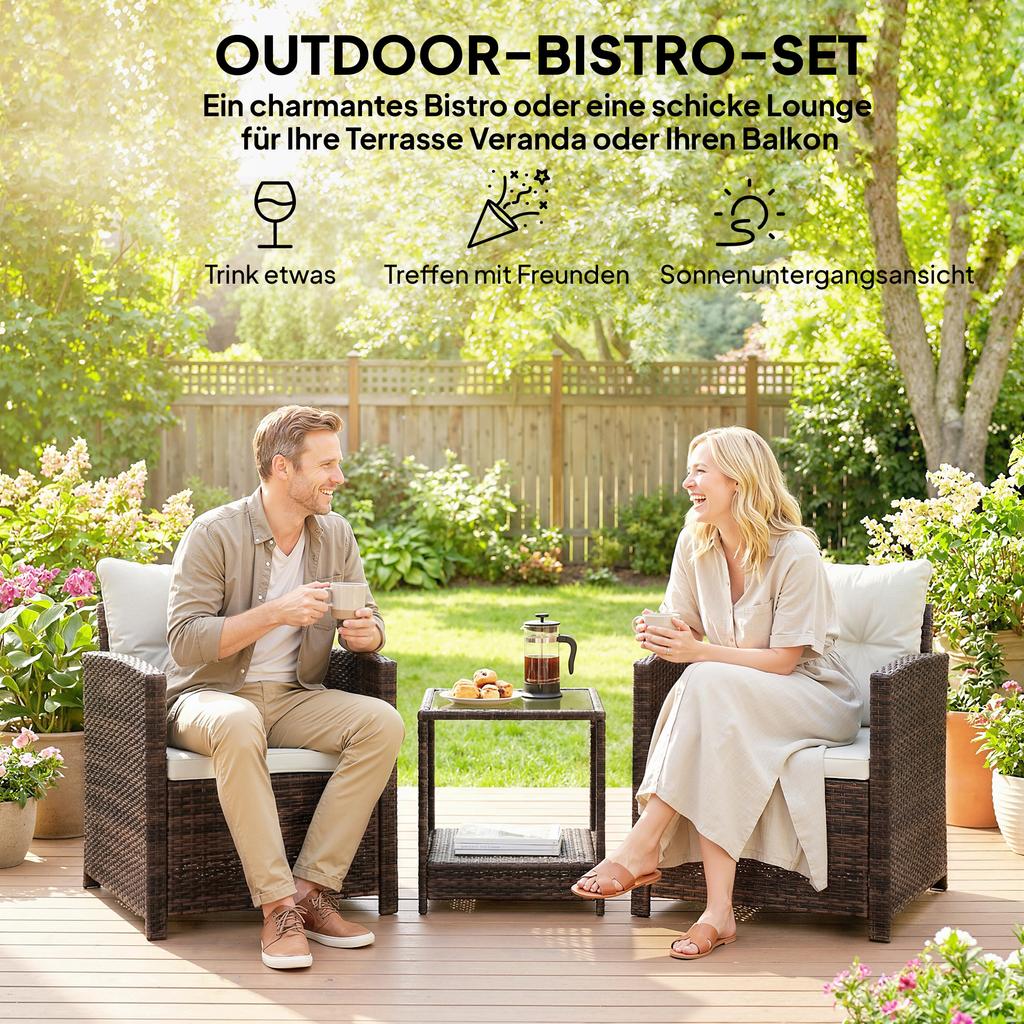 Rattan Bistro Set 3 Piece Garden Furniture Set With 2 Armchairs 2 Tier Glass Table Removable Seat Cushions Cream White