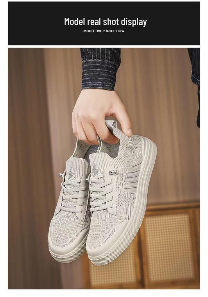 Men's Breathable Mesh Flyknit Casual Shoes - 2026 Spring/Summer Collection, Flat Bottom, Comfortable Board Shoes