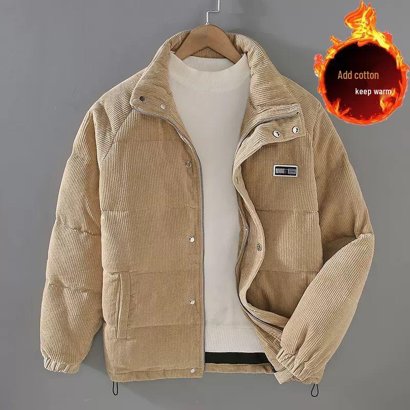 Men's Solid Color Retro Corduroy Down Jacket - Stand-up Collar Warm Cotton-padded Outerwear