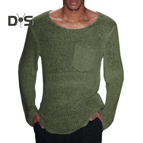 

Мужской вязаный свитер с длинным рукавом и круглым вырезом, однотонный повседневный пуловер с вырезом, тонкий стиль, свободный трикотаж XL зелёный