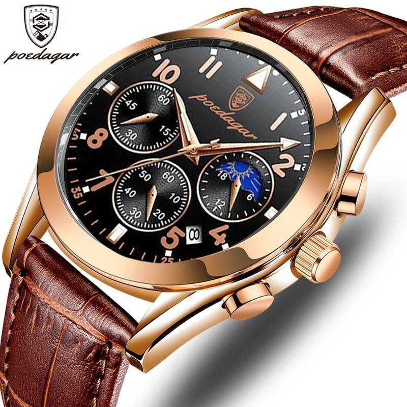 POEDAGAR Orologi da Uomo Moda Pelle Impermeabile Luminosi Top Brand Lusso Quarzo da Polso