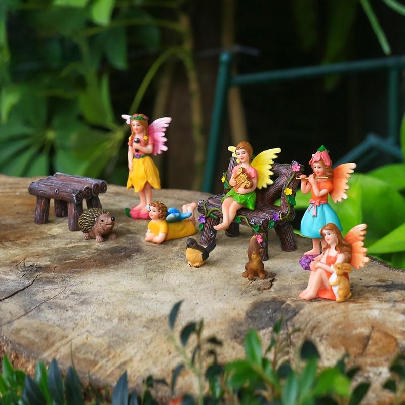 Resin Fairy Garden Miniature Figurine Set Angle Girl Squirrel Rabbit Statue for Home Indoor Outdoor Garden Doll House Room Decor