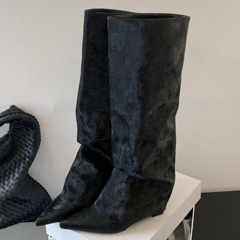 Fashion New Design Pleated Wedges Women Knee-High Boots Autumn Winter Pointed Toe Long Booties Fashion High Heels Ladies Shoes
