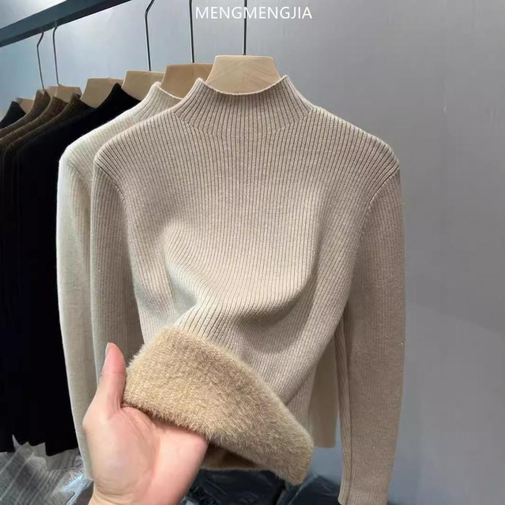Half High Collar and Thick Velvet Winter Base Sweater for Women, Soft and Stylish, with Warm and Integrated Velvet Sweater Inside