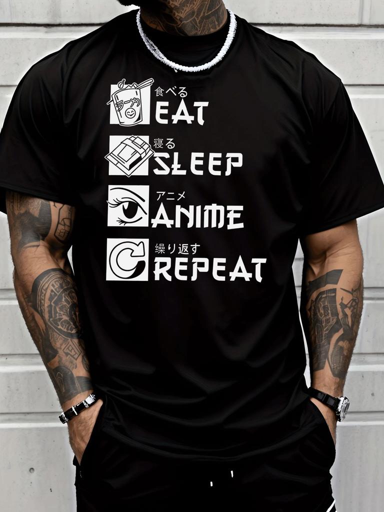 Unisexs Anime Fan Tee Eat Sleep Repeat Japanese Letter Graphic Red Crew Neck Loose Soft Short Sleeve Daily Summer Street Casual Top