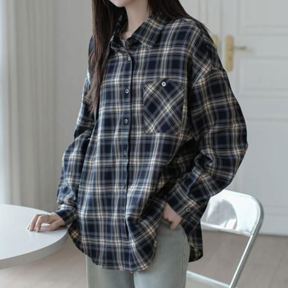 Navava Men Vintage Retro Check Long Sleeve Shirt Nb2972