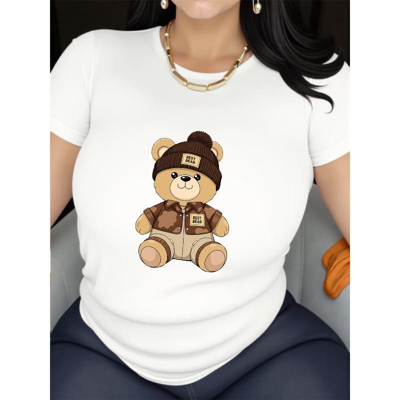 Damen Y2K Style Kurzarm-T-Shirt - Lässiges Oberteil mit Cartoon-Bären-Design, Bequem für alle Jahreszeiten, Maschinenwaschbar