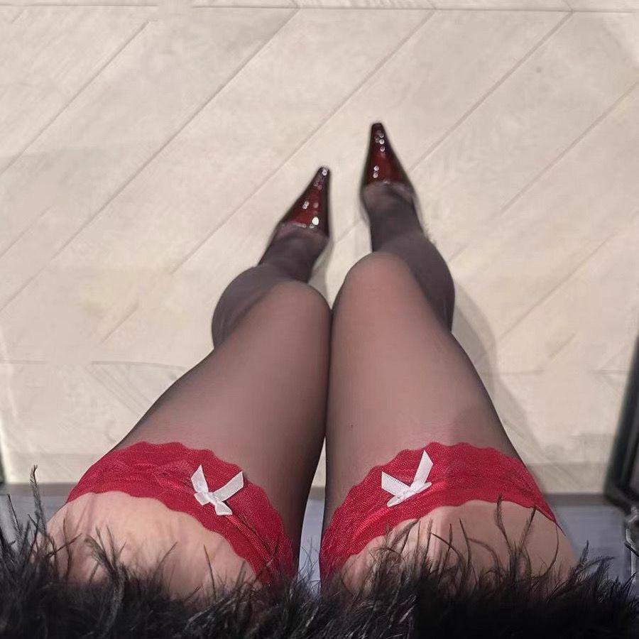 Mu Ruan Ultra-Thin Lace-Edged Silky Thigh-High Stockings
