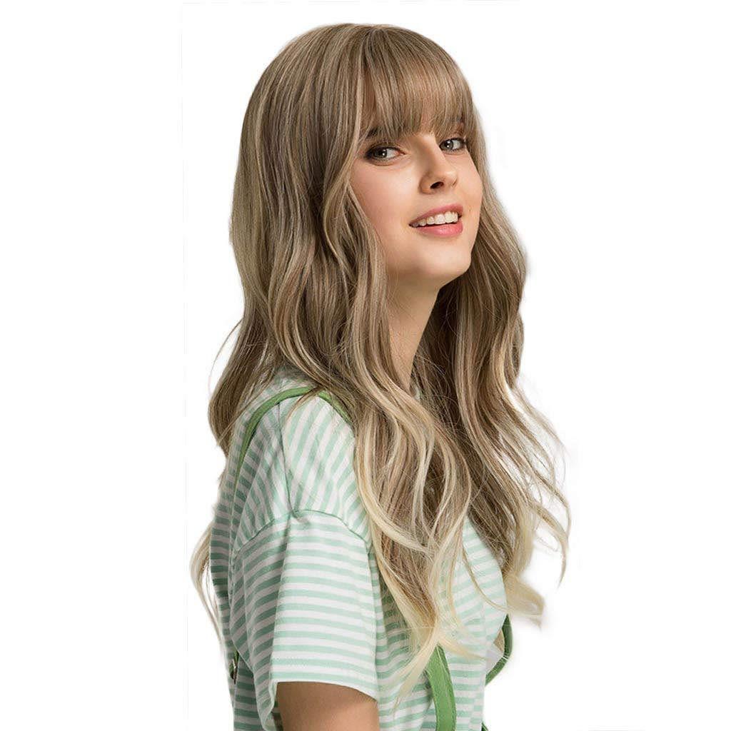 Long Fluffy Wave Blonde Wigs with Bangs Lolita Cosplay Natural Ombre Synthetic Wigs for Women Heat Resistant Fibre