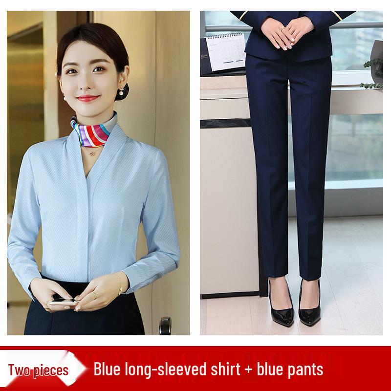 Women's White V-neck Professional Flight Attendant Shirt: Interview and Workwear Suit for Airline and Hotel Staff