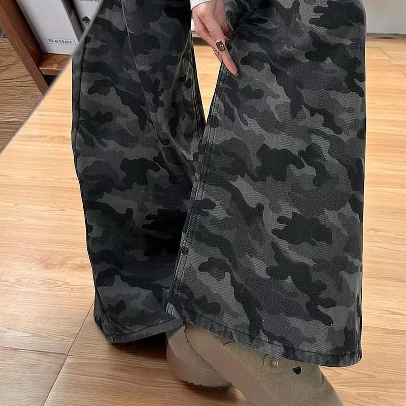 145 Small American Vintage Camouflage Jeans Women 2025 New High Waist Straight Wide Leg Pants Cargo Pants