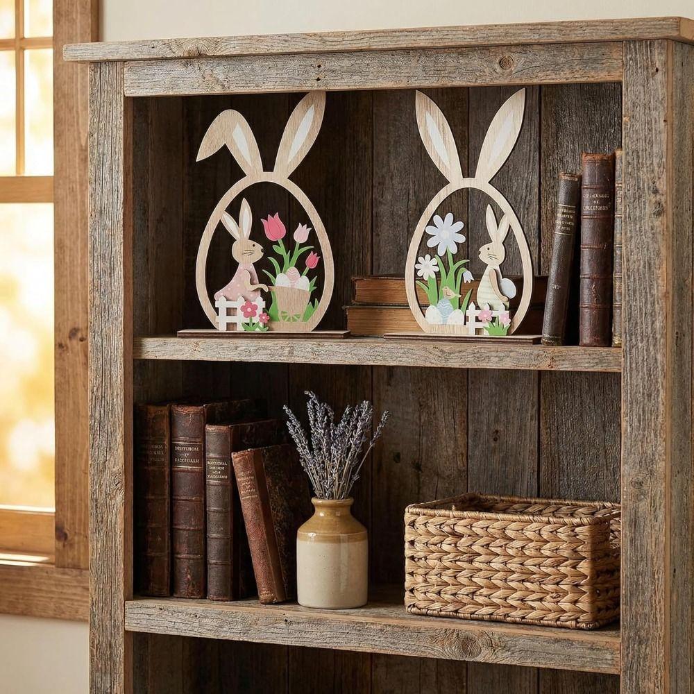 2Pcs Flower Wooden Easter Rabbit Hand-Painted Easter Table Decor  Table Mantel