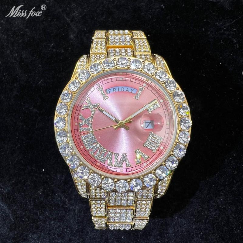 Mens Fashion Quartz Wrist Watch Dual Calendar Pink Dial Rhinestone Accents Luminous 30M Waterproof Stainless Steel Band