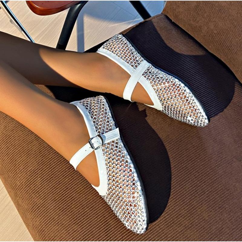 Fashion Mesh Breathable Rhinestone Fashion Versatile Women's New Foreign Style Niche Belt Flat Soft Soled Mary Jane Shoes Womens Shoes