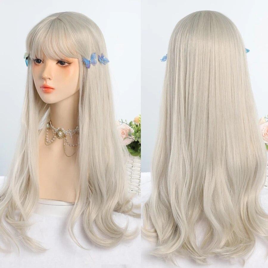 Platinum Blonde Long Natural Wavy Synthetic Hair Wigs with Bangs Cosplay Party Halloween Wig for Women Heat Resistant