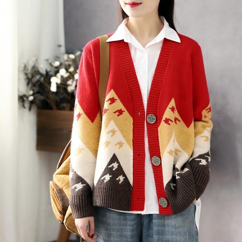 

Винтажный вязаный кардиган жаккардовой вязки для женщин на весну и осень, свободный свитер-пальто с длинными рукавами S красный