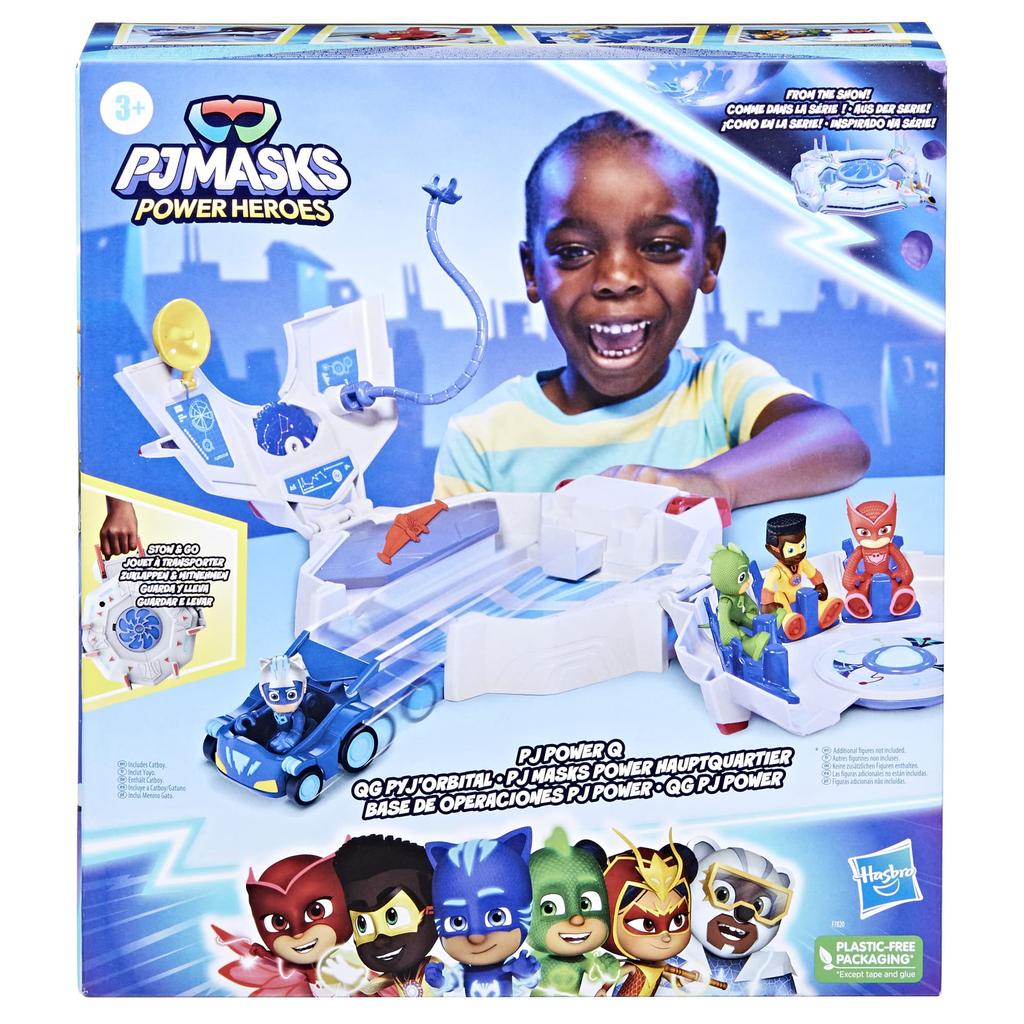 PJ Masks Power Heroes PJ Power Q Playset with Headquarters Vehicles and Superhero Toy for Boys and Girls Ages Set, Figures, 3+