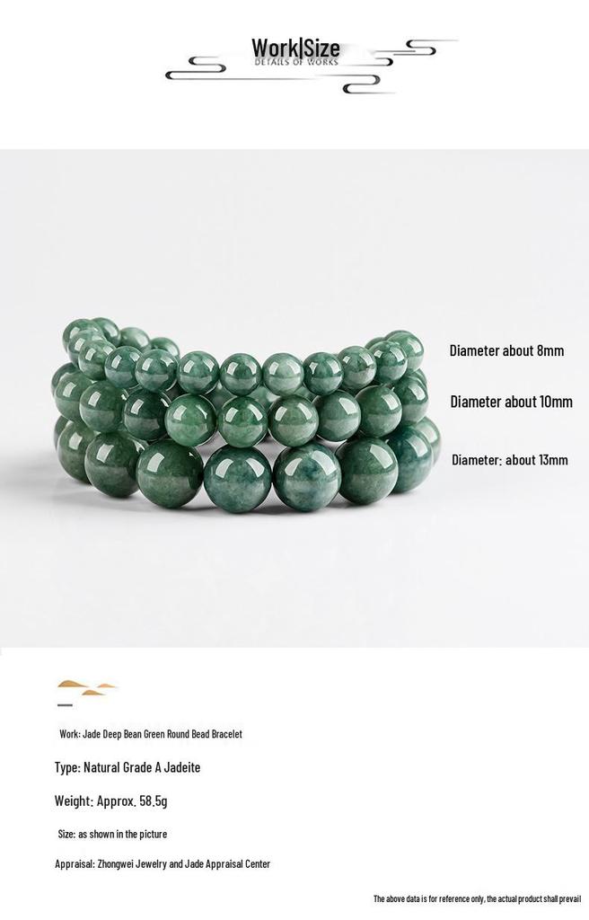 Natural A-Grade Ice-Type Green Jade Round Beads Bracelet for Men & Women