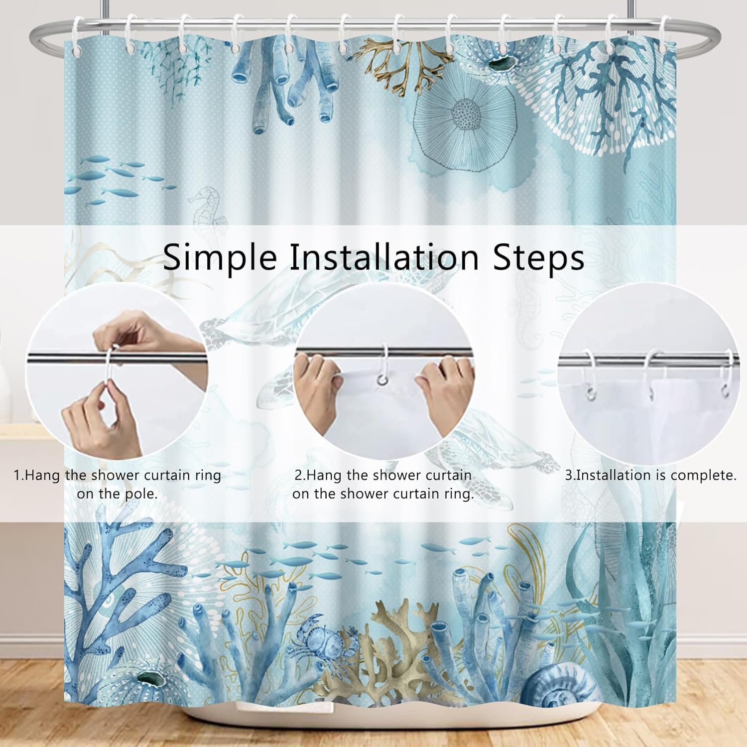 

Renaiss 72x72 Inches Sea Turtle Shower Curtain Nautical Coastal Underwater Seahorse Fish Plant Coral Jellyfish Marine Animal Shower Curtains for 72 W x 72 L (Pack of 1)