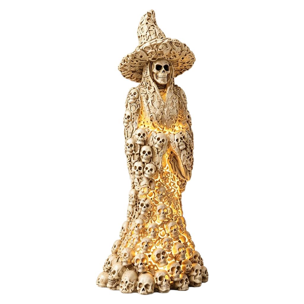 Skeleton Witch Ornament Lighted Decorations Glowing Skull Statue Resin Table Vintage Ghost Statue for Halloween Decor