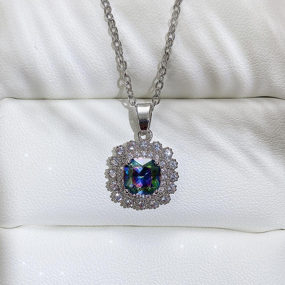 Silver Plated 4PCS Blue CZ Jewelry Set (Necklace+Earrings+Ring), Cushion Cut Halo Box Chain Set for Women