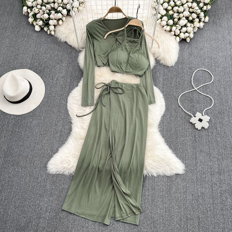 

Halter Spaghetti Straps Shawl Split Skirt Fashion Suit Green One size