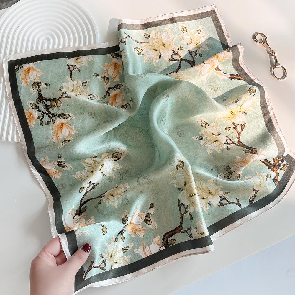 SpringSummer Fashion Magnolia Flower  Neckerchief Outdoor Decoration Wraps For Women  70*70Cm Print Imitation Silk Square Scarf
