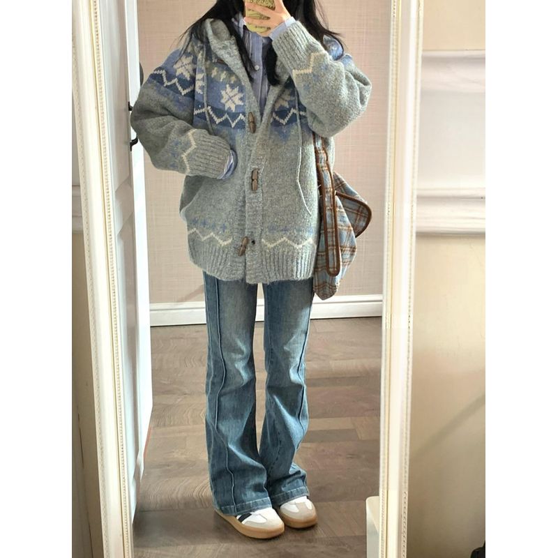 

Fall and Winter Horn Button Fairisland Retro Sweater Outwear Female Thickened Hooded Knit Cardigan Lazy and Loose Tops Tide Island Blue S
