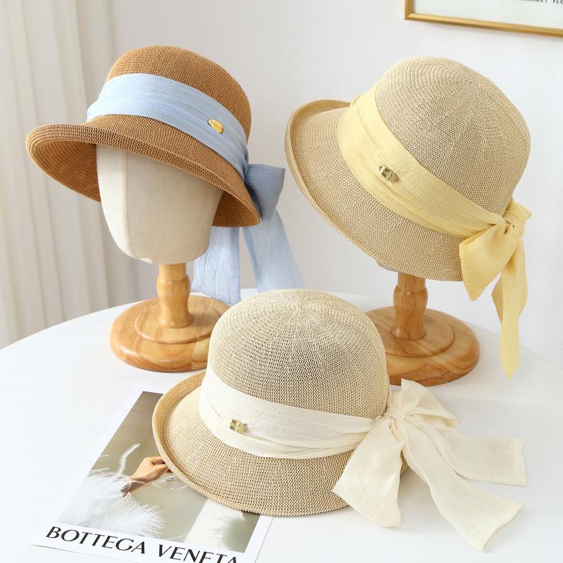 Adult Women's Knitted Fisherman Bucket Hat with Long Ribbon Bow Windproof Spring Summer Autumn Fashion Accessory