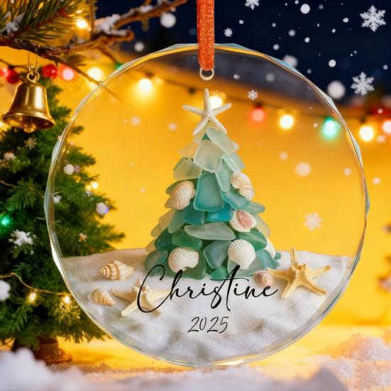 Sea Glass Christmas Ornaments Handcrafted Coastal Xmas Tree Ornament with Starfish Seashell Decor for Sea Lovers Holiday Party Decor