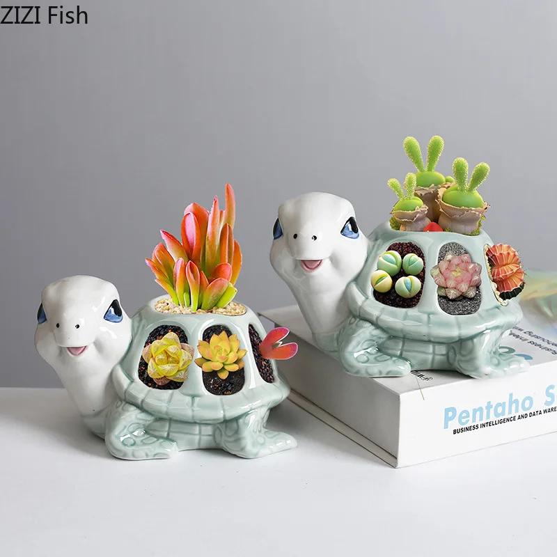 Creative Cartoon Turtle Ceramic Vase Plant Pots Table Decoration Flowers Arrangement Painted Turtle Vase Room Aesthetic Decor