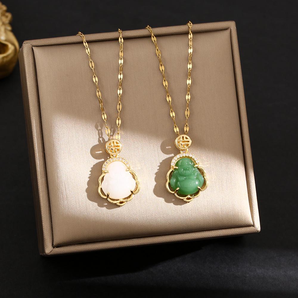 Elegante Pingente de Cabacinha com Fecho de Paz de Jade - Corrente para Clavícula em Aço Titânio no Estilo Chinês Retro