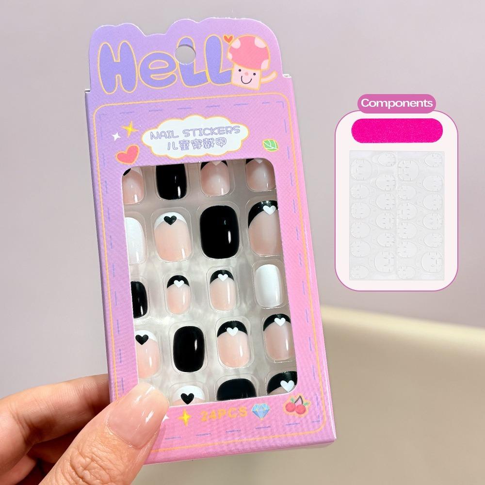24Pcs/Box Cartoon Kids Press On Nails Black Flower French Tips False Nails Full Cover Fake Nails for Children Daily Holiday Wear